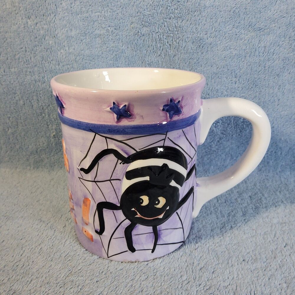 Vintage WCL Halloween WEB SITE Spider Mug Ceramic 3D Stars Lavender 90s Y2K
